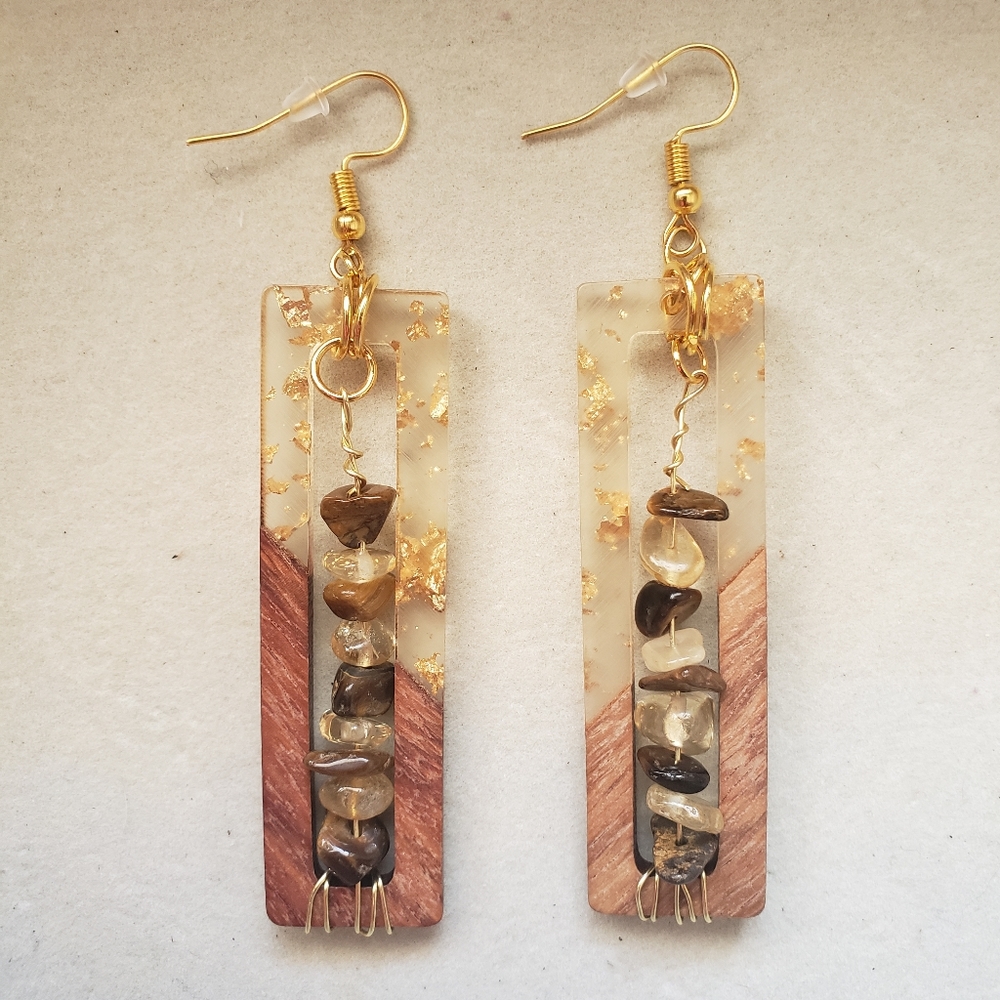Wood Gold Stone Earrings Handmade